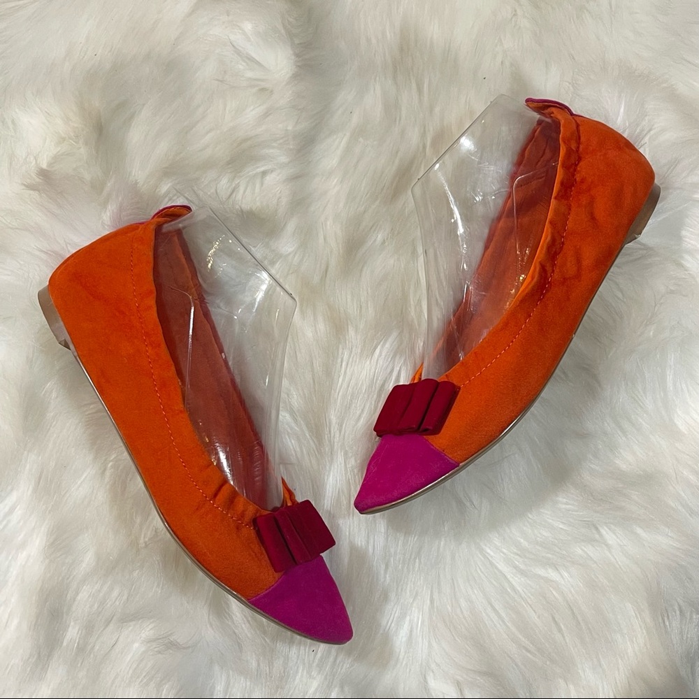 Restricted Multicolored Color Block Faux Suede Ballet Flat with Bow